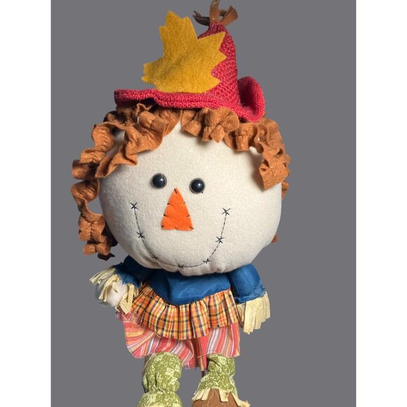 Handmade Scarecrow Plush Doll Shelf Sitter With Red Hat & Plaid Skirt Fall Decor - Picture 2 of 10